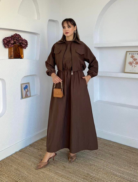 Gabardin Ceketli İç Elbiseli Takım Kahverengi