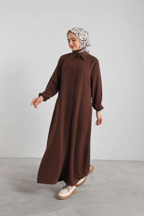 Gizli Düğmeli Krep Abaya Kahverengi