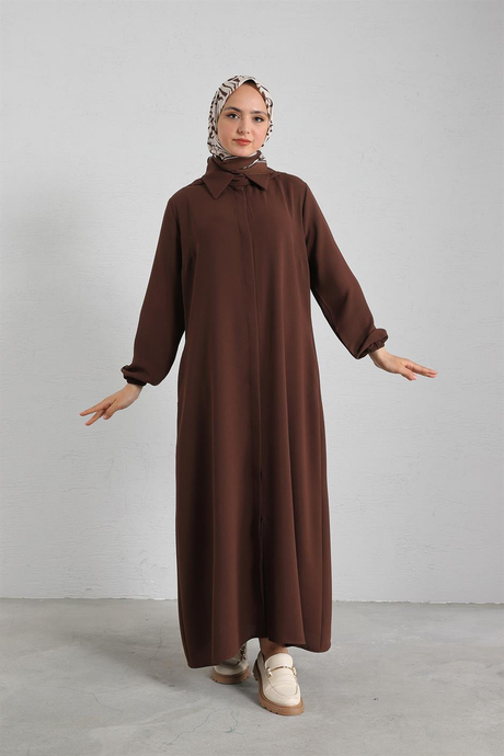 Gizli Düğmeli Krep Abaya Kahverengi