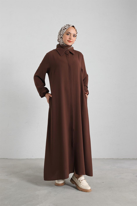 Gizli Düğmeli Krep Abaya Kahverengi