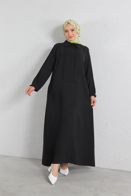 Gizli Düğmeli Krep Abaya Siyah