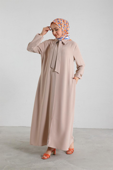 Gizli Düğmeli Krep Abaya Taş