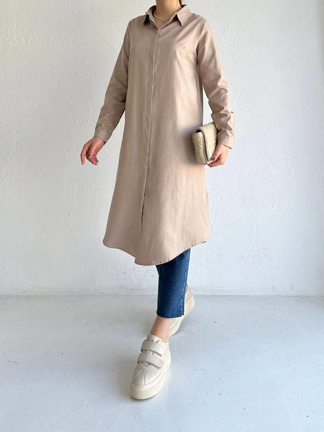 Gizli Patlı Uzun Tunik Bej
