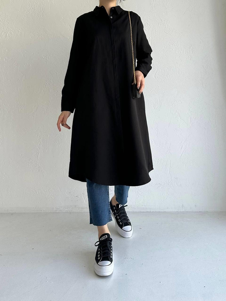 Gizli Patlı Uzun Tunik Siyah