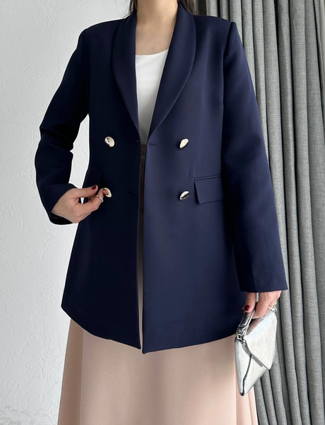 Gold Düğmeli Blazer Ceket Lacivert