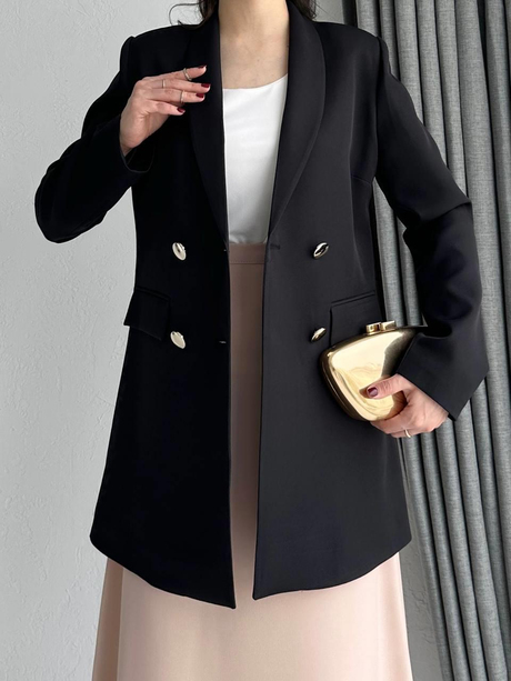 Gold Düğmeli Blazer Ceket Siyah