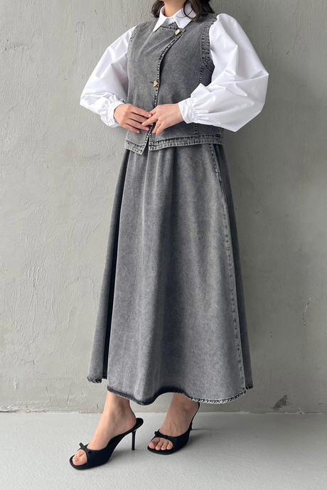 Gold Düğmeli Denim Takım Gri