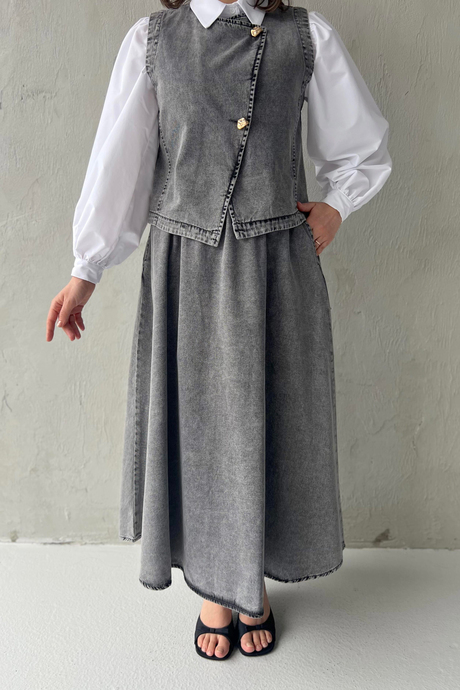 Gold Düğmeli Denim Takım Gri