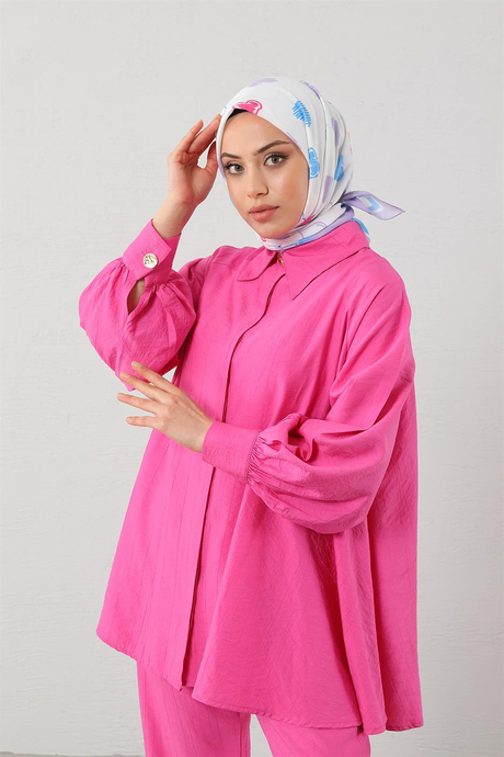 Gold Düğmeli Salaş Takım Pembe