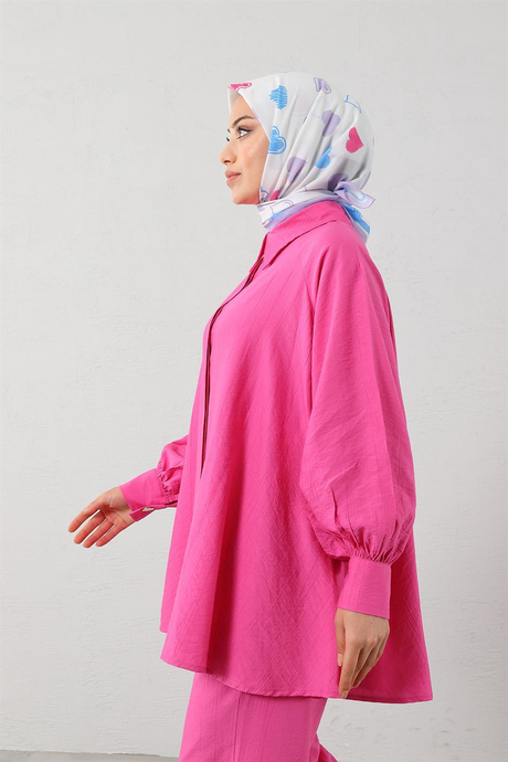Gold Düğmeli Salaş Takım Pembe