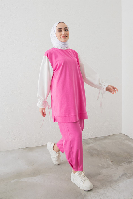 Gömlek Detaylı Basic Takım Pembe
