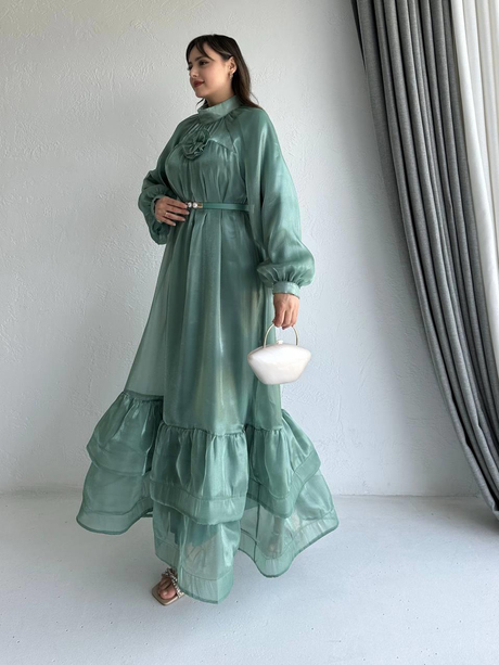 Gül Broşlu Organze Elbise Yeşil | Moda AlaGül Broşlu Organze Elbise Yeşil