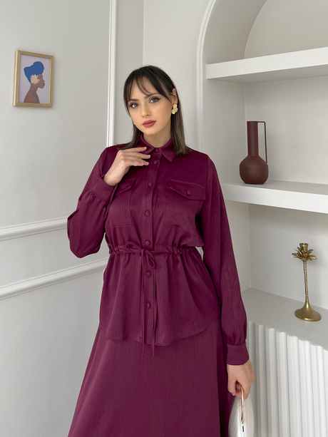 İki Cepli Düğmeli Etekli Takım Bordo