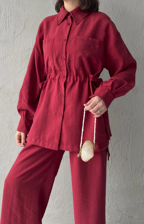 İki Cepli Keten Takım Bordo