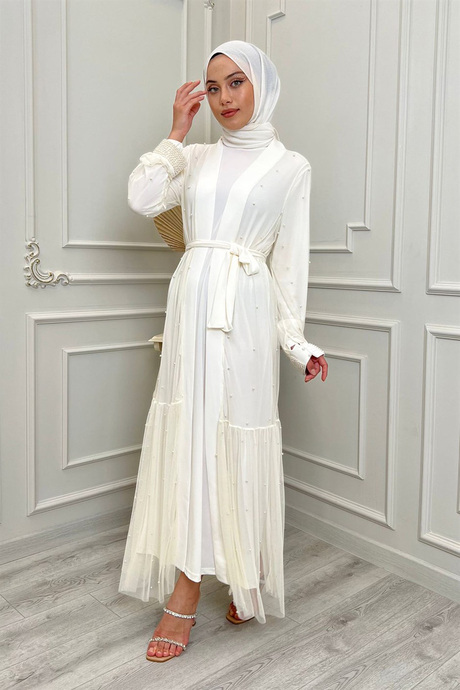 İncili İkili Abaya Takım Beyaz