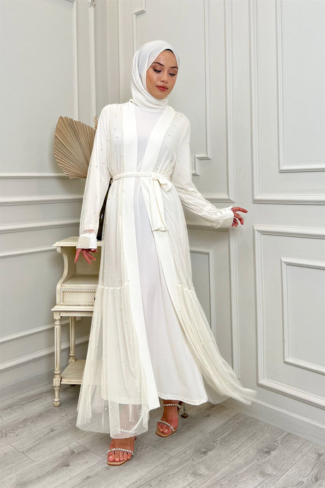 İncili İkili Abaya Takım Beyaz