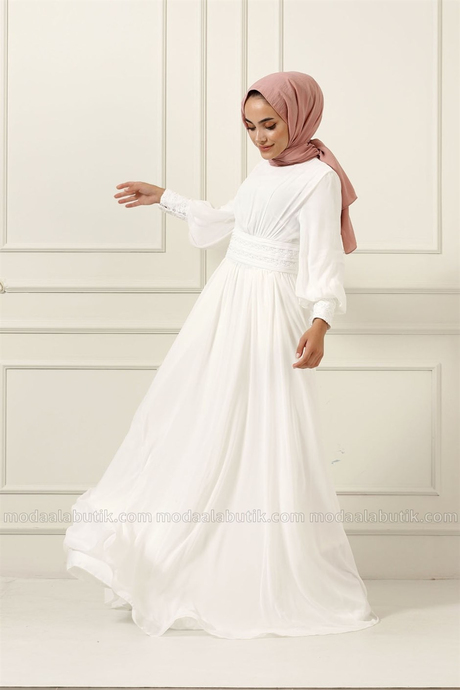 İşlemeli Şifon Abiye - Beyaz