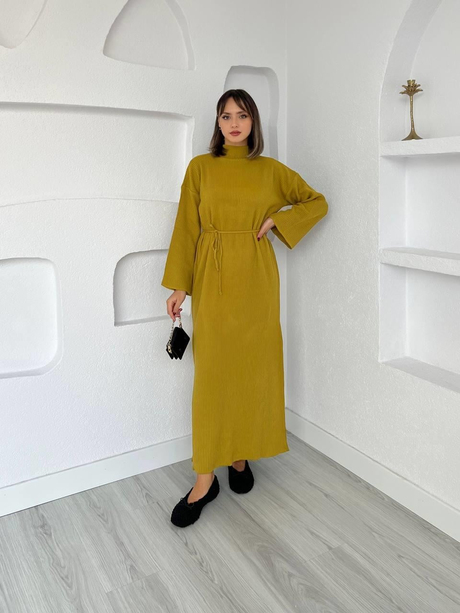 İspanyol Fitilli Kemerli Elbise Yağ Yeşili
