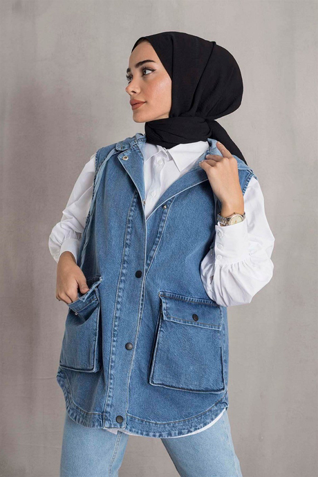 Kapşonlu Denim Yelek Kot