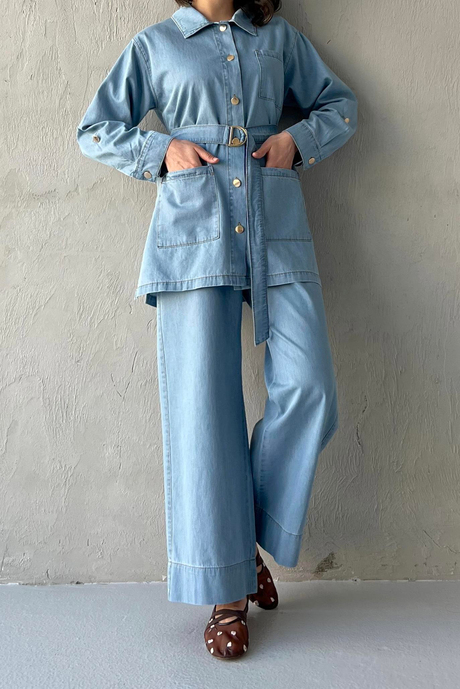 Kemerli Denim Takım Açık Kot