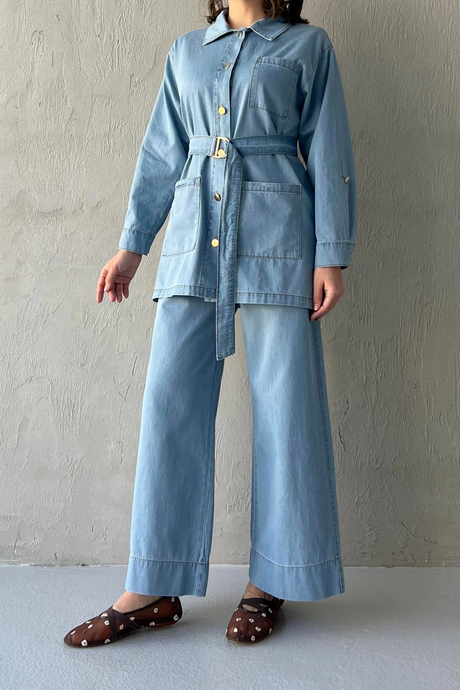 Kemerli Denim Takım Açık Kot