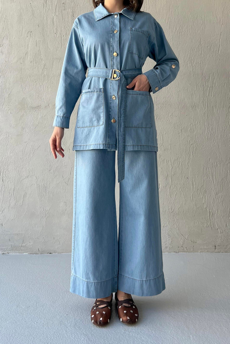 Kemerli Denim Takım Açık Kot