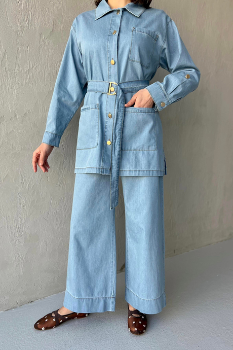 Kemerli Denim Takım Açık Kot