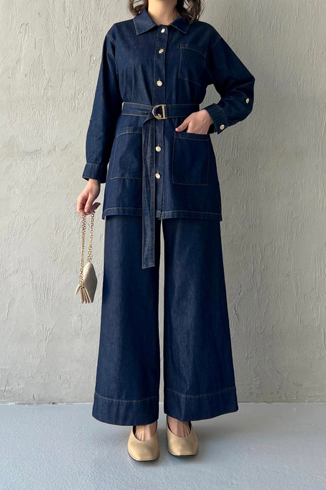 Kemerli Denim Takım Kot