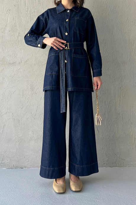 Kemerli Denim Takım Kot