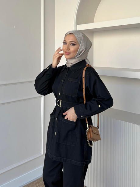 Kemerli Denim Takım Siyah