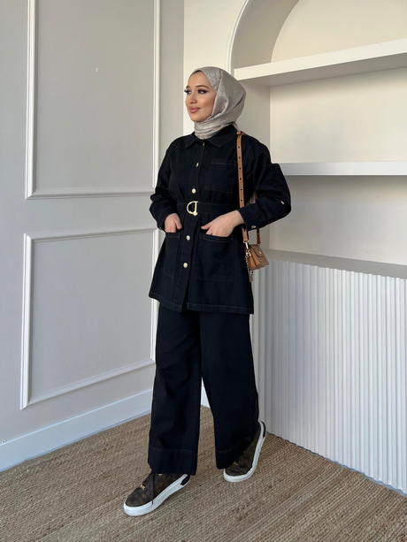 Kemerli Denim Takım Siyah