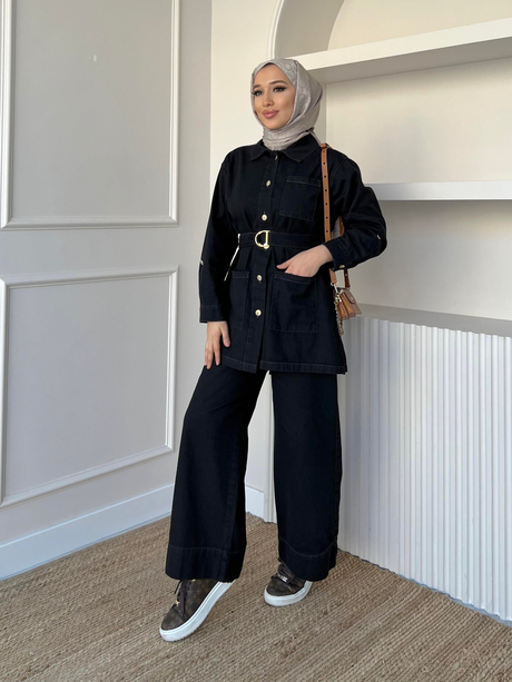 Kemerli Denim Takım Siyah