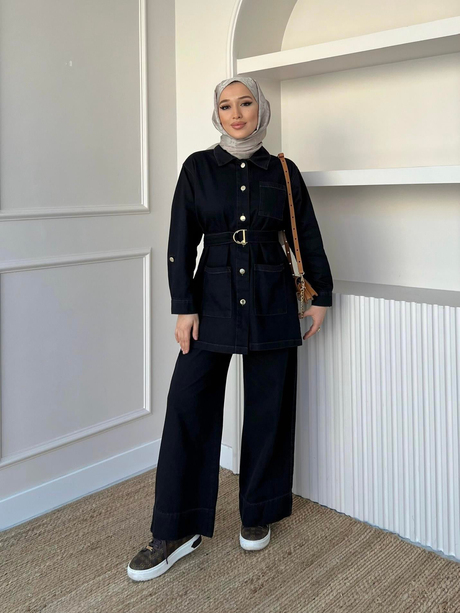 Kemerli Denim Takım Siyah