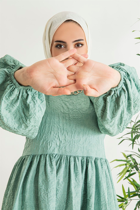 Kendinden Baskı Desenli Elbise - Çağla