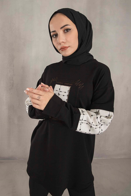 Keten Detaylı Sweat - Siyah