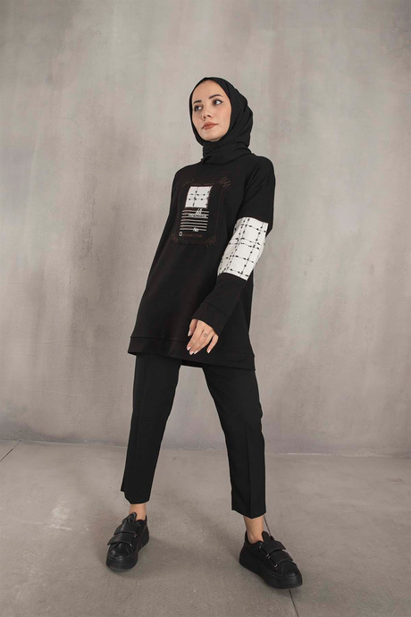 Keten Detaylı Sweat - Siyah