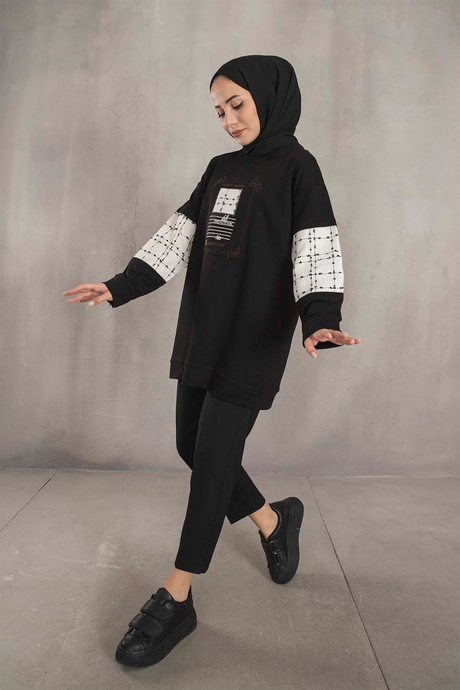Keten Detaylı Sweat - Siyah