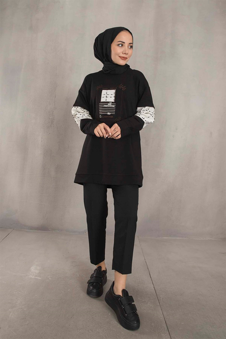Keten Detaylı Sweat - Siyah