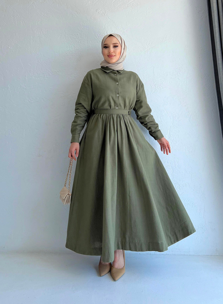 Keten Gömlekli Etekli Takım Haki - Moda AlaKeten Gömlekli Etekli Takım Haki