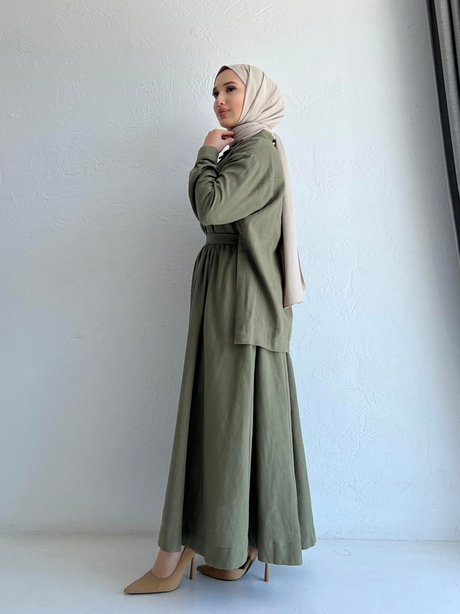 Keten Gömlekli Etekli Takım Haki - Moda AlaKeten Gömlekli Etekli Takım Haki