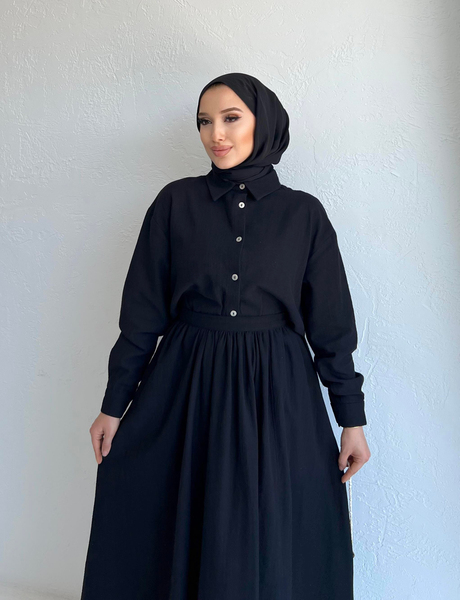 Keten Gömlekli Etekli Takım Siyah