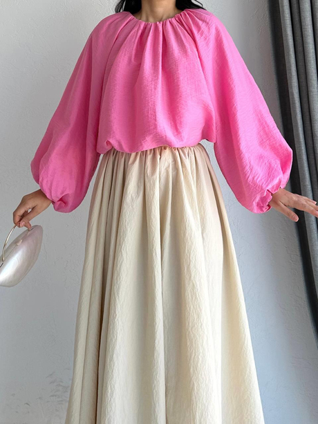 Keten Görünümlü Dökümlü Bluz Pembe