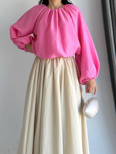 Keten Görünümlü Dökümlü Bluz Pembe