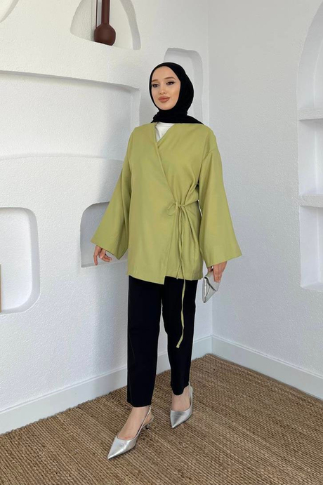 Keten Kimono Ceket Yağ Yeşili