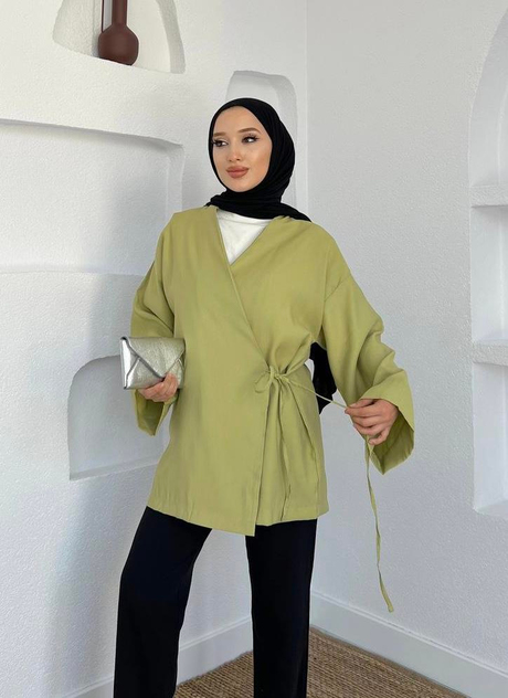 Keten Kimono Ceket Yağ Yeşili