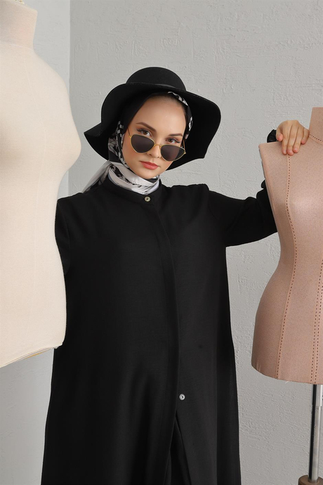 Keten Yırtmaçlı Pantolonlu Takım Siyah