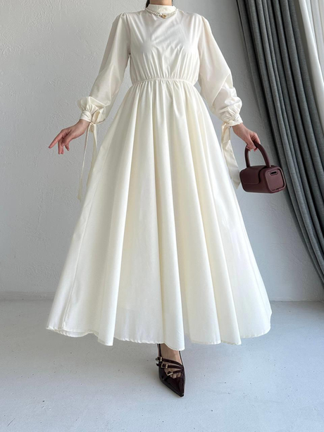 Kolları Bağlamalı Elbise Ekru