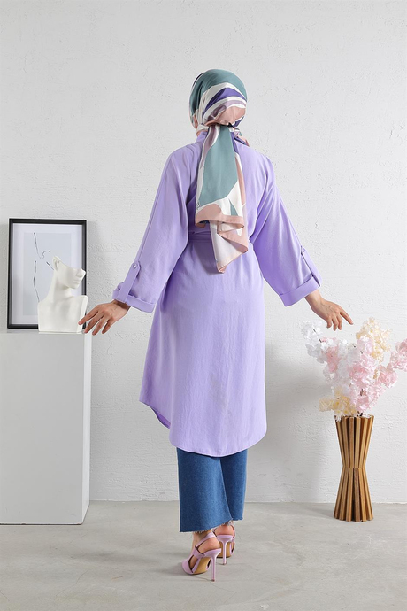Kolları Detaylı Dizi Düğmeli Tunik Lila