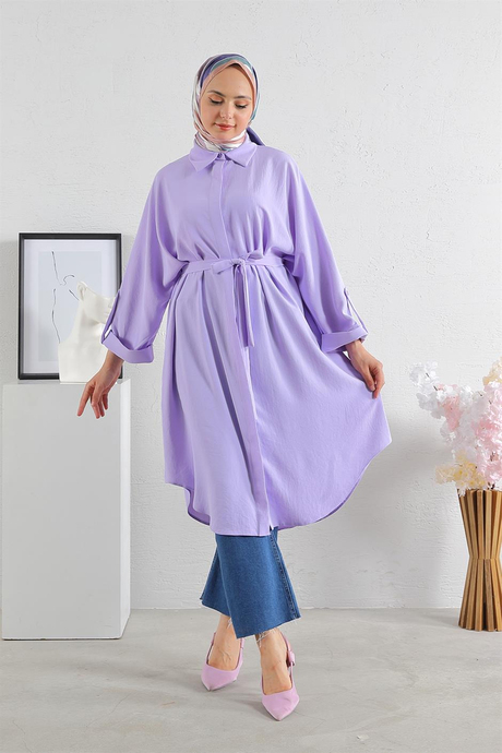 Kolları Detaylı Dizi Düğmeli Tunik Lila