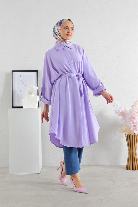 Kolları Detaylı Dizi Düğmeli Tunik Lila